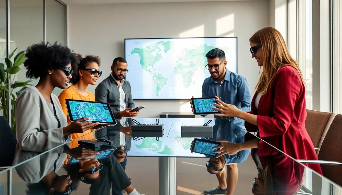 diverse team using augmented reality technology in a modern office.