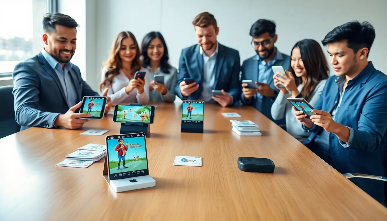professionals interacting with augmented reality cards in a modern office.