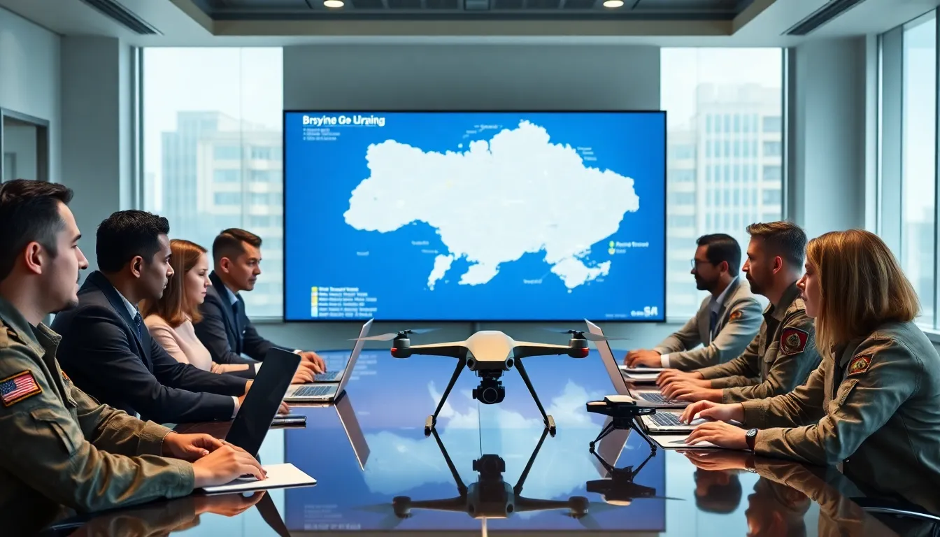 military professionals strategizing drone operations in a modern command center.