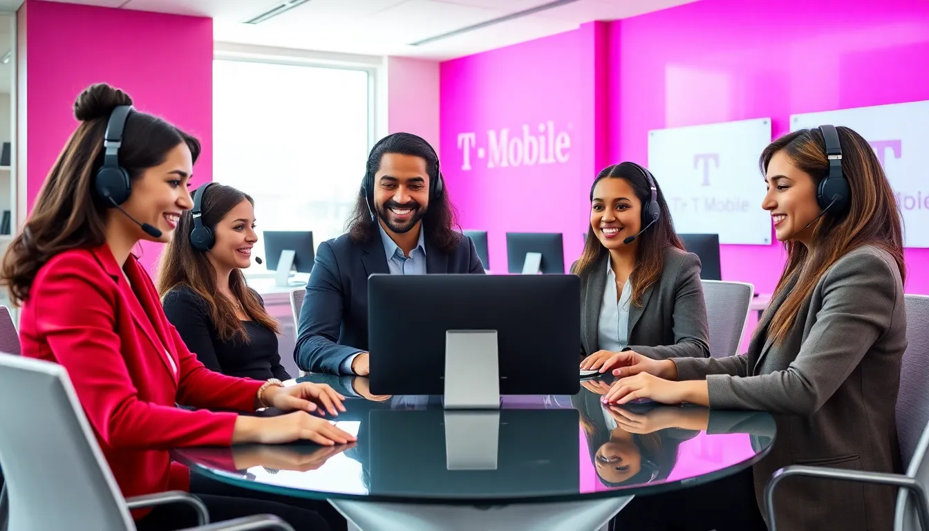 Diverse T Mobile customer service team in a modern office setting.
