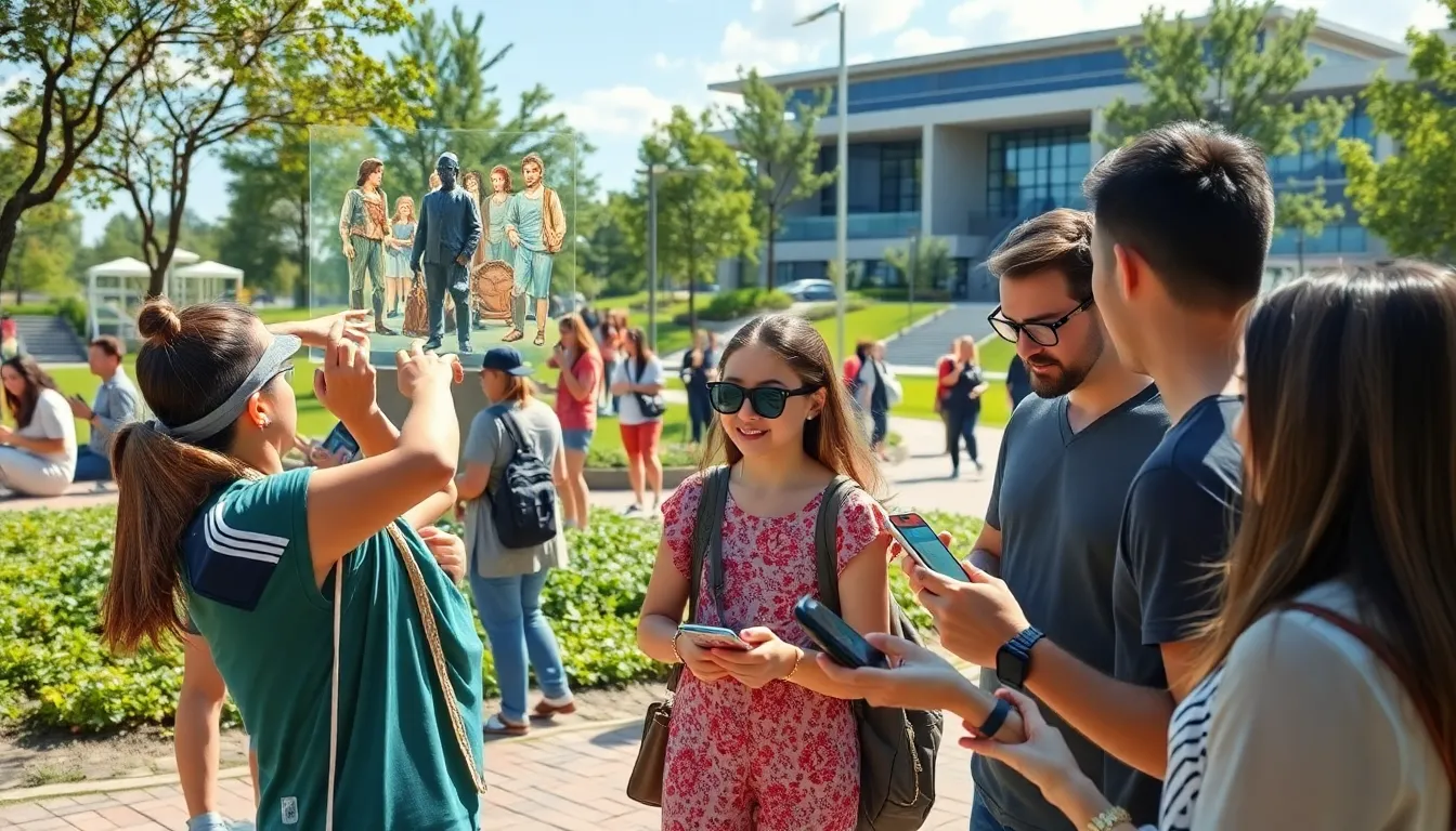 Visitors interacting with augmented reality features in a lively park setting.