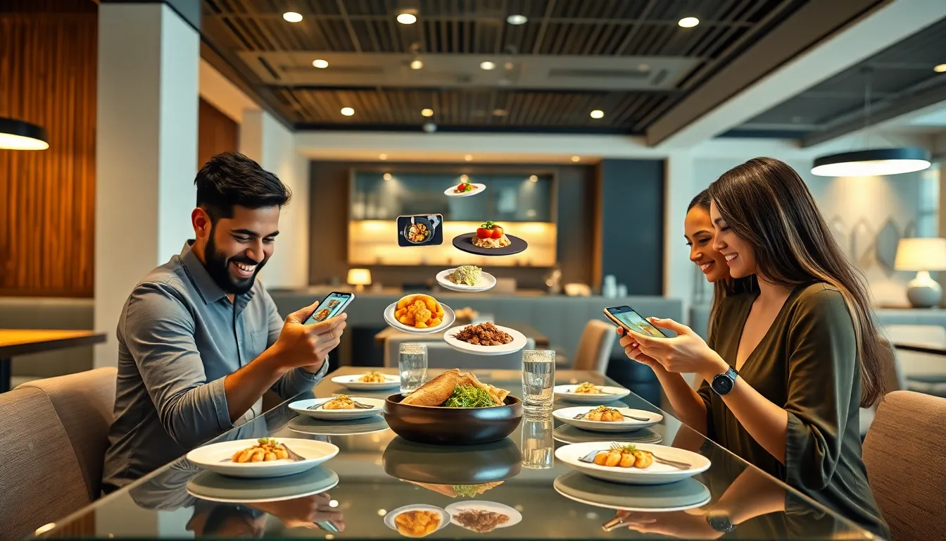diverse diners using augmented reality menu in a modern restaurant.