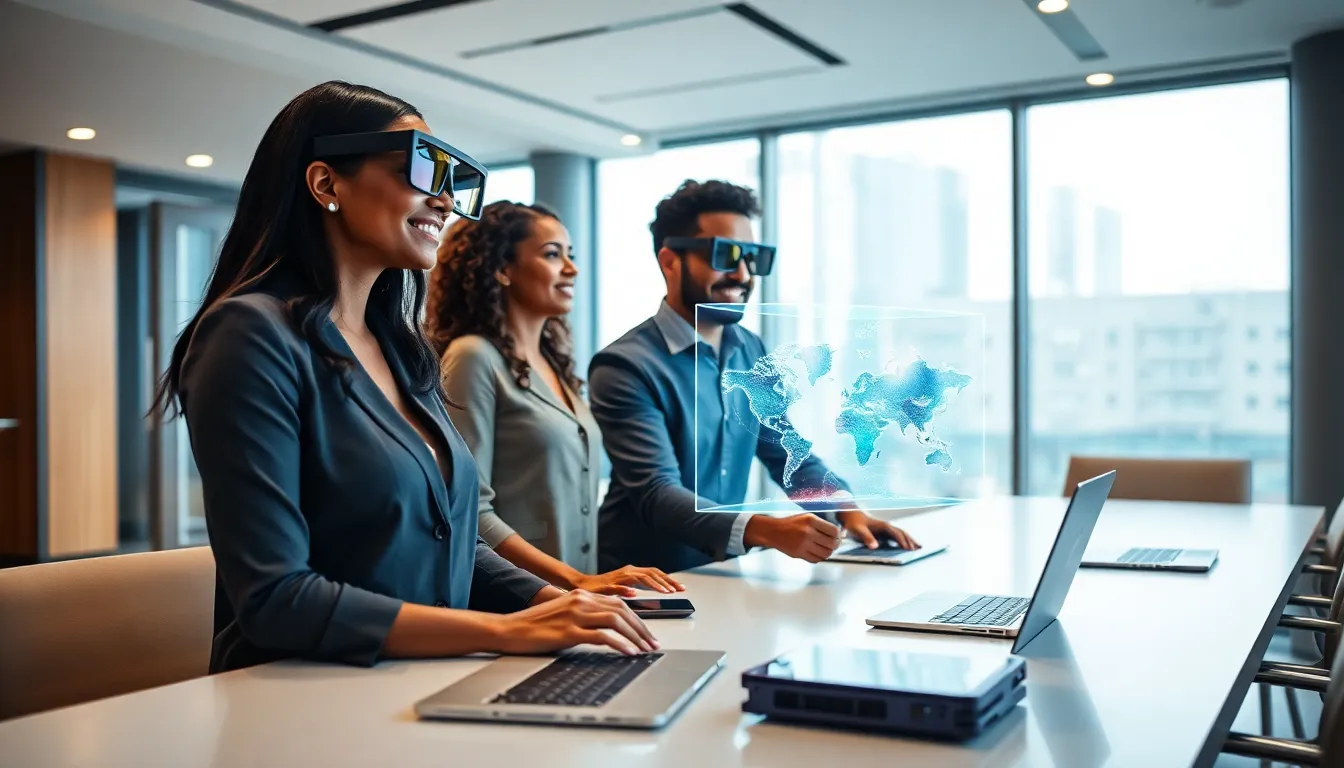 professionals using augmented reality technology in a modern office.