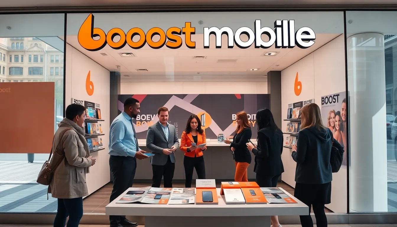 Boost Mobile store with diverse staff and latest smartphones on display.