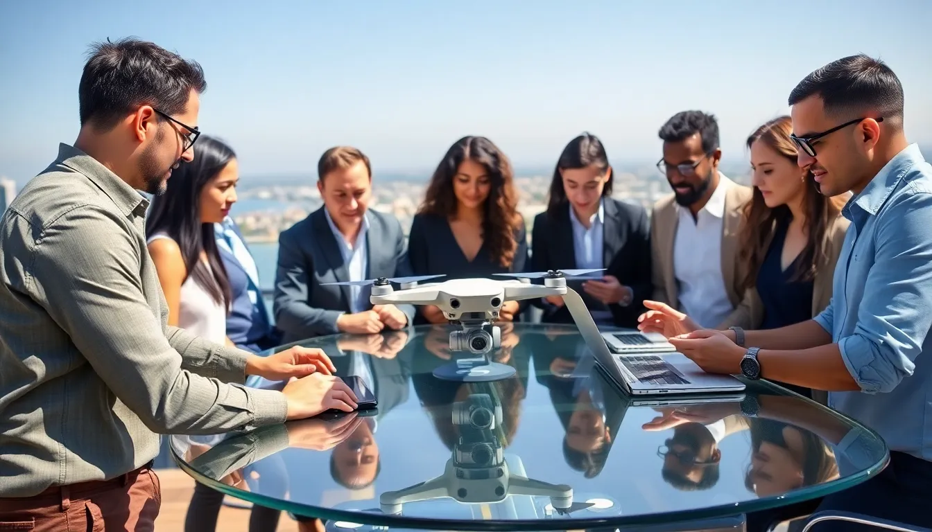 diverse professionals discussing drones with San Diego coast in background.