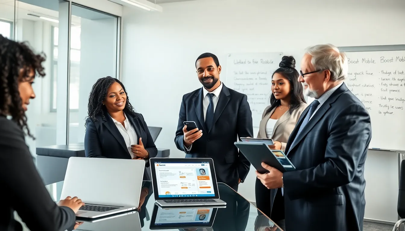 diverse professionals discussing Boost Mobile's free phone offerings in an office.