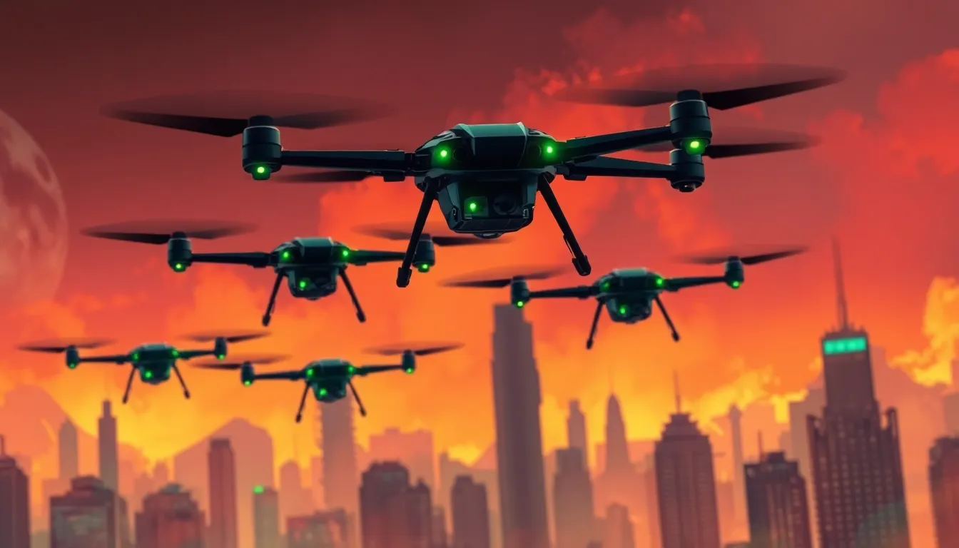 Vibrant digital wallpaper of murder drones in a dystopian cityscape.