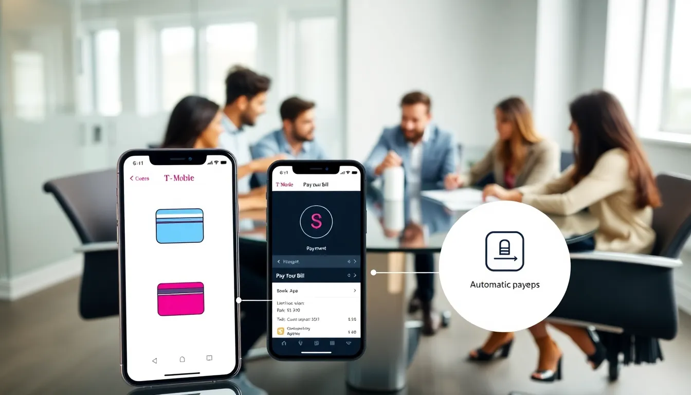 professionals discussing T-Mobile billing options in a modern workspace.