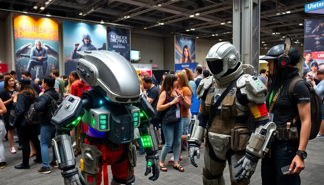 cosplayers in a vibrant convention setting representing N Murder Drones.