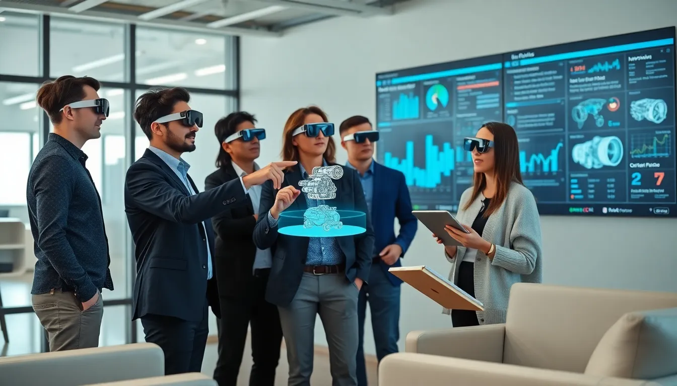 professionals using augmented reality glasses in a modern office